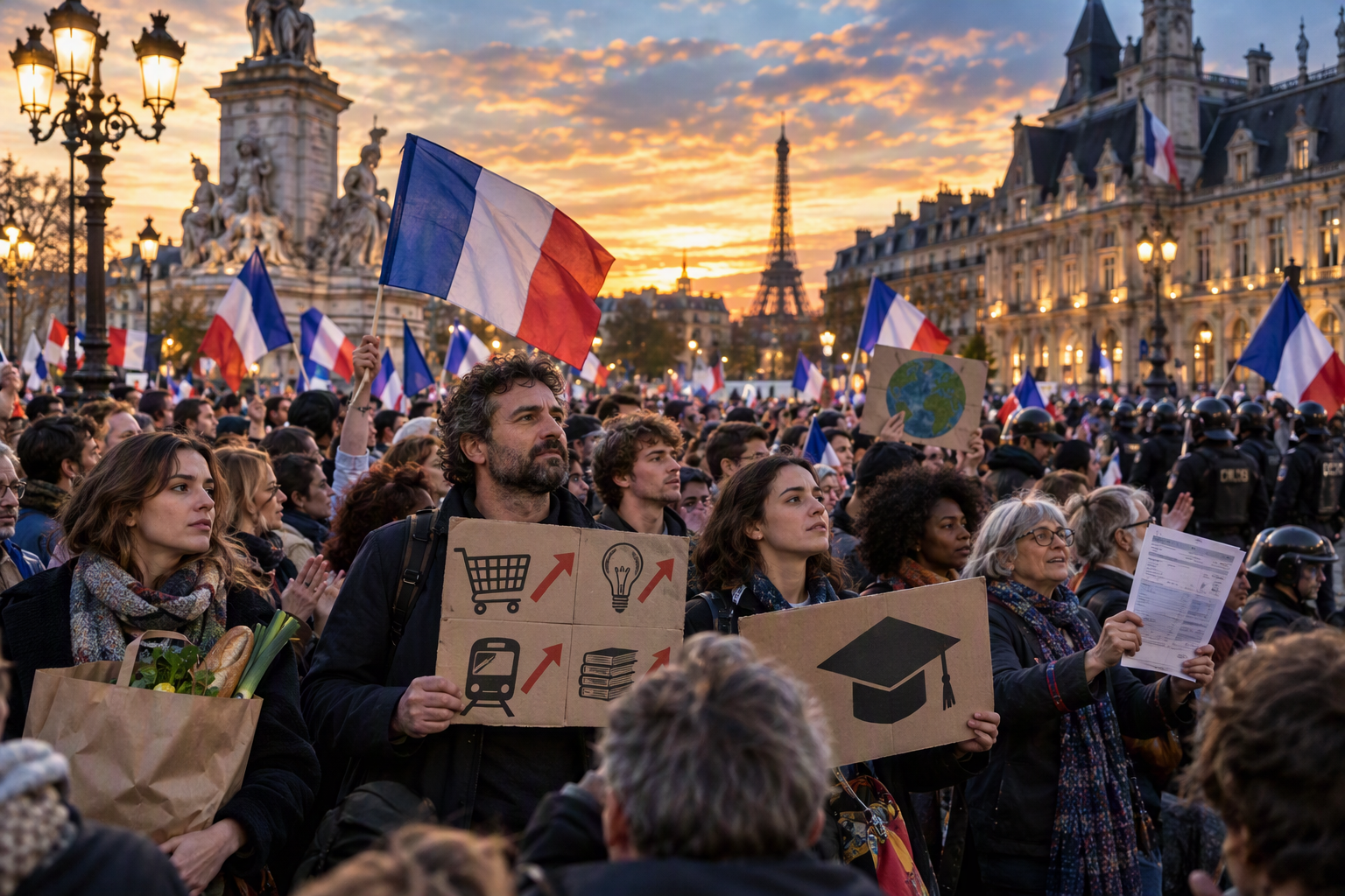 Peaceful protest in Paris over rising living costs, with French flags, protest signs, and the Eiffel Tower at sunset.